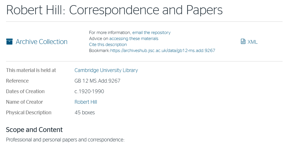 Screenshot of Robert Hill: Correspondence and Papers from the Archives Hub