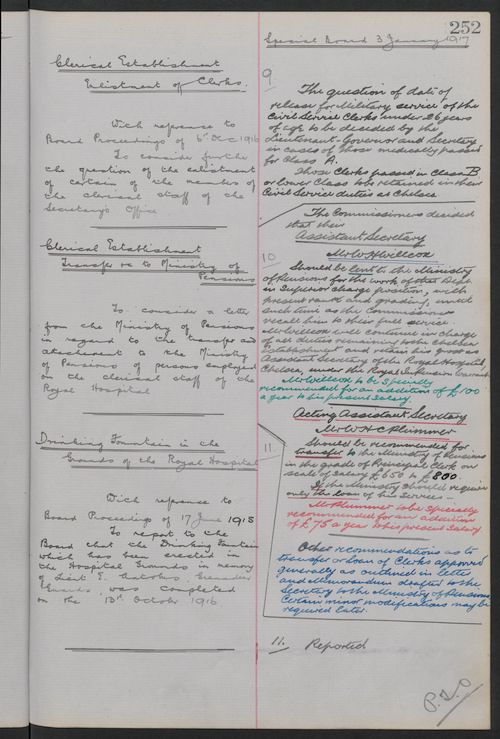 Densely written page from the minute book WO 250/436, with annotations in various colours.