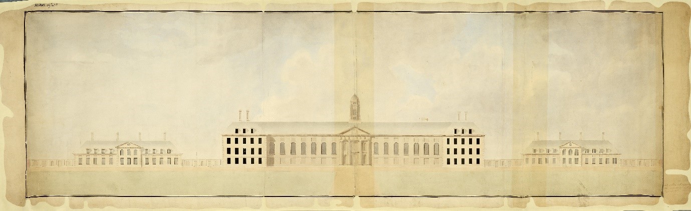 South Elevation of The Royal Hospital Chelsea, ink drawing on old paper.