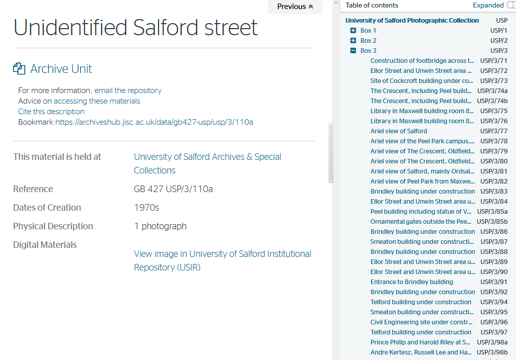Screenshot of a record linking to digital content on the Archives Hub