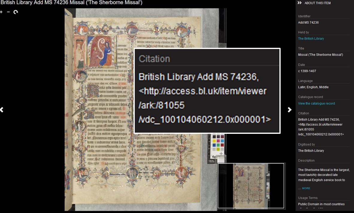 Screenshot example from the British Library's online collections with citation highlighted.